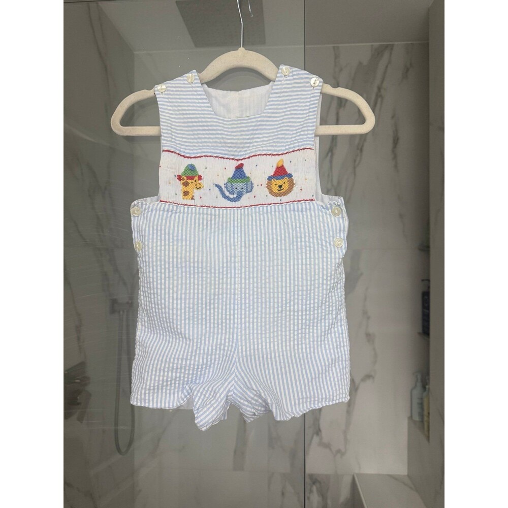 Boy Blue White Seersucker Birthday Romper Shortalls Jon Jon 18M